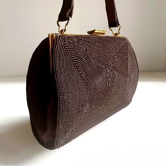 Vintage Chocolate Brown Cordé Textured Fabric Detail Small Evening Handbag \ - Picture 3 of 8